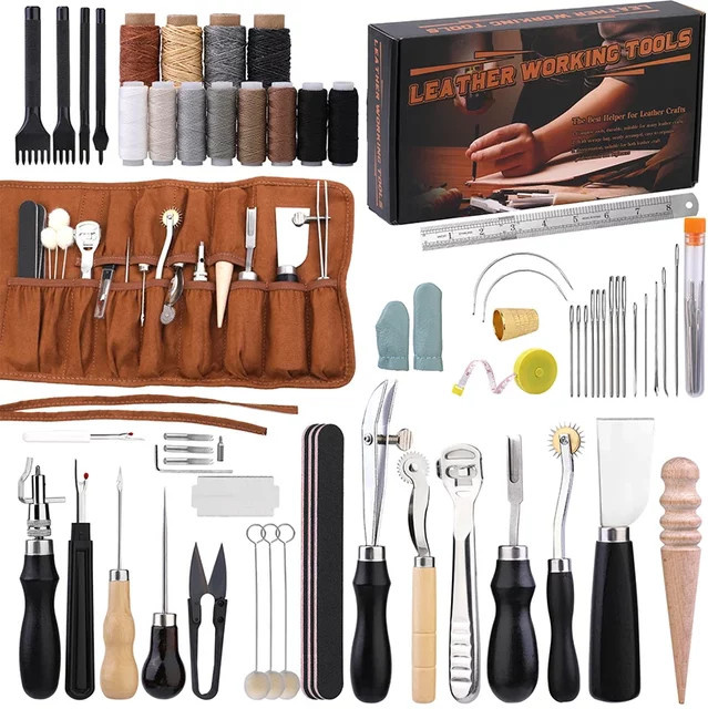 KRABALL Professionelles Lederhandwerk-Werkzeugset in Multicolour für Handnähen, Reparatur, Stanzen und Schnitzen - Bild 1