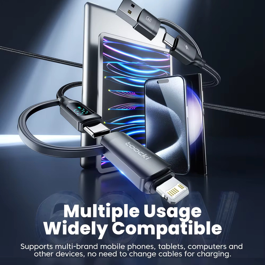 Toocki 4-in-1 Schnellladekabel mit LED-Display, USB-A auf USB-C und Lightning, PD 60W, Schwarz - Bild 4