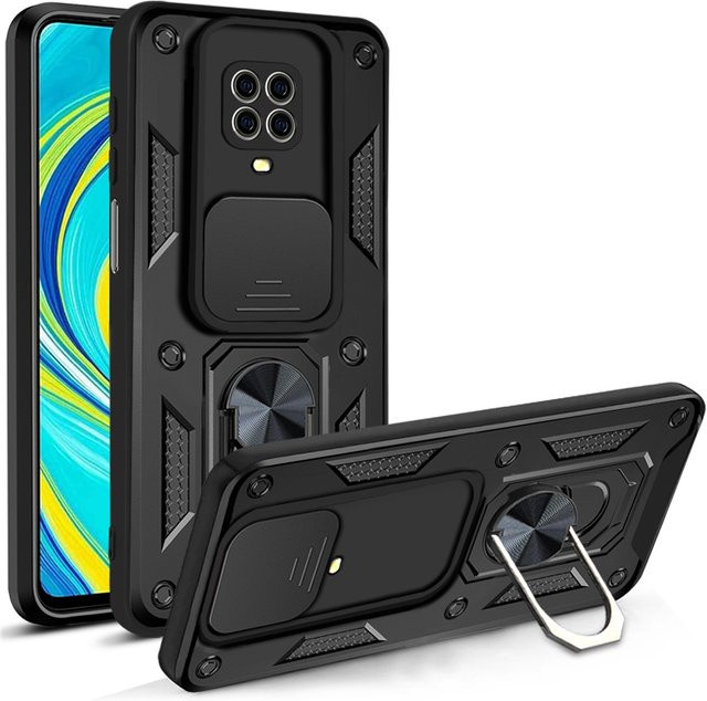 Stoßfeste Schutzhülle für Xiaomi Redmi Note 9S mit magnetischem Ring und Push-Pull Kamera-Schutz in Schwarz und Grün - Bild 1