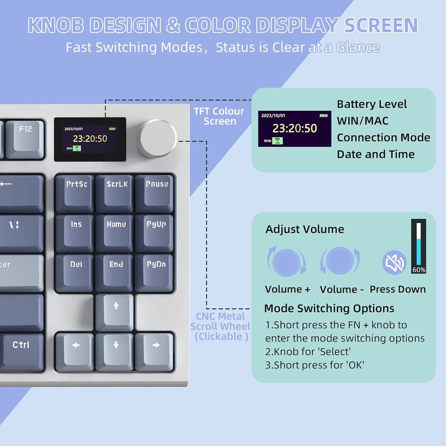 Attack Shark Rk86 Mechanische Gaming-Tastatur in Peppermint mit 75% TKL Layout, Tri-Mode Verbindung (Bluetooth, Wi-Fi, Kabel), Hot-Swap, RGB-Hintergrundbeleuchtung, Gasket Mount und LED Smart Display - Bild 2