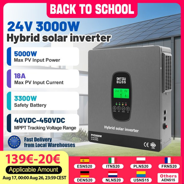 DATOUBOSS Hybrid-Solarwechselrichter 24V DC zu 220V AC mit 3300W Leistung und 120A MPPT Schnellladung in Grau - Bild 1