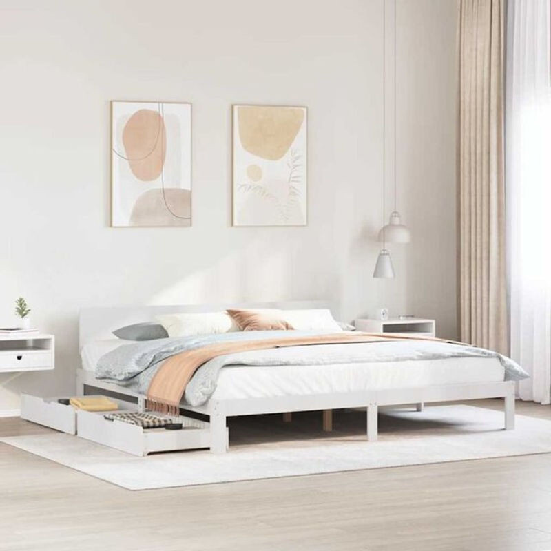 Massivholzbett Vidaxl aus Kiefer mit Schubladen in Weiß, B/T/H: 180 x 200 x 69,5 cm - Bild 1