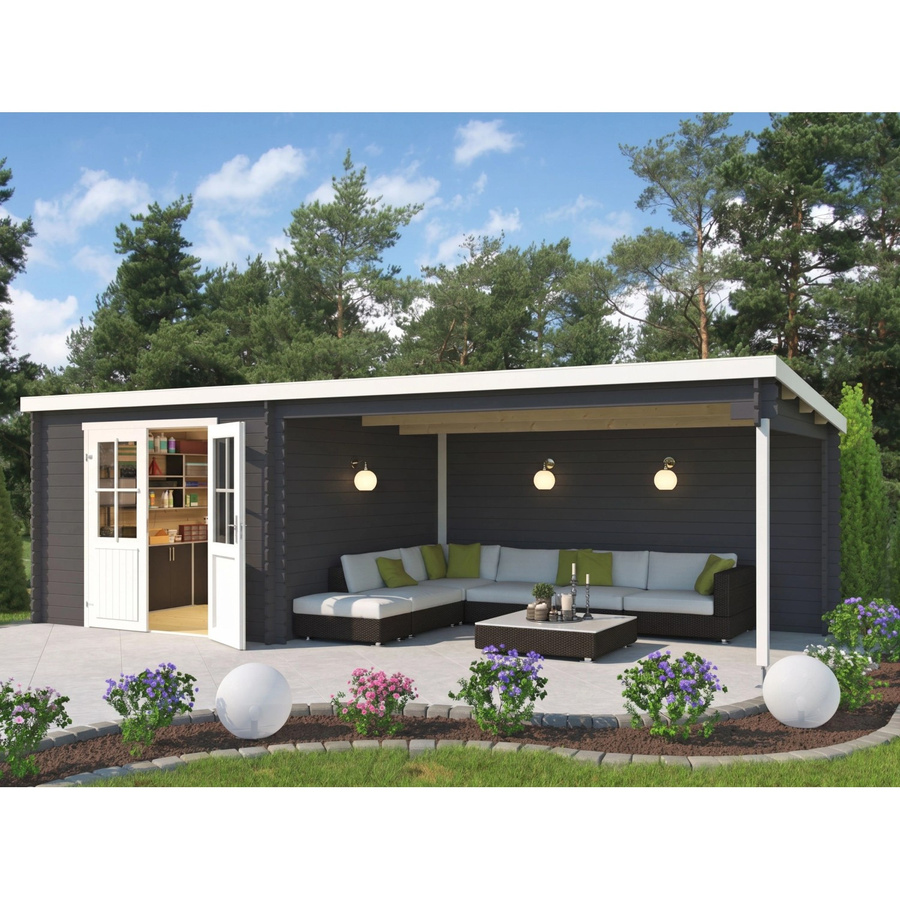 Lasita Gartenhaus St. Louis Log Cabin mit Anbaudach in Dunkelgrau, Wandstärke 28 mm, B/T/H: 695 x 309 x 211 cm - Bild 2
