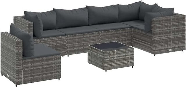 vidaXL 7-tlg Garten-Lounge-Set in L-Form aus grauem Poly-Rattan mit Kissen und Couchtisch - Bild 1