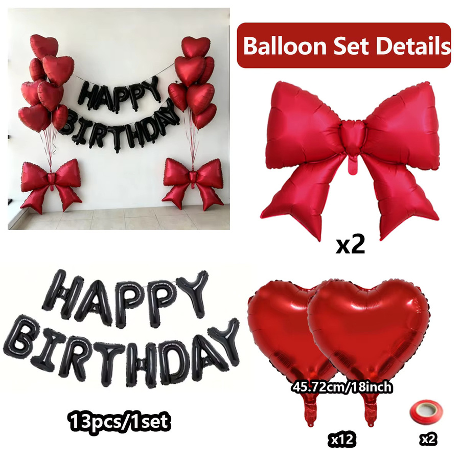 Schwarzes Happy Birthday Ballon-Set mit roten Herzen aus Aluminiumfolie für deine Geburtstagsparty-Dekoration - Bild 4