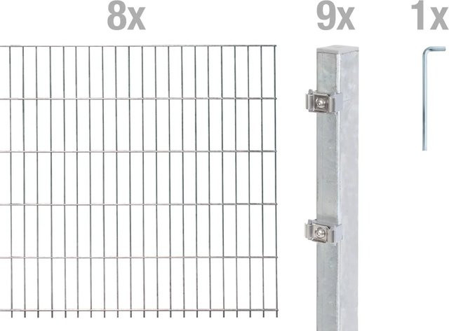 Metallzaun Doppelstabmatte Grund-Set aus Stahl, feuerverzinkt, Farbe: Silber, B/H: 200 x 140 cm, Gesamtbreite: 8 m - Bild 1