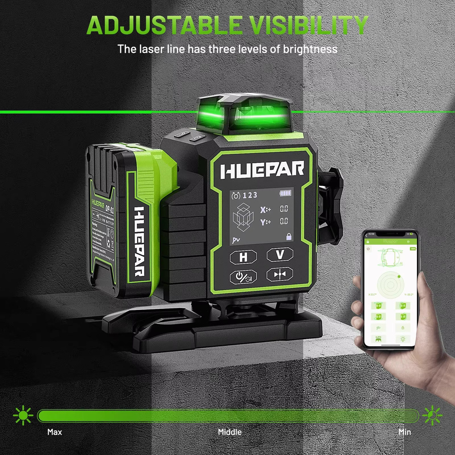 Huepar W04CG Laser Level Selbstnivellierend 4x360 Grad Bluetooth 4D Green Laser Leveler mit elektrisch drehbarer Basis und LCD-Bildschirm - Bild 3