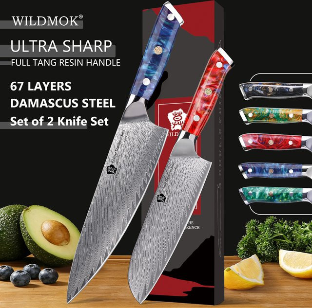 WILDMOK 2-teiliges Damaszener Messerset aus VG10 Stahl mit Santoku- und Kochmesser in Grün und Multicolour - Bild 1