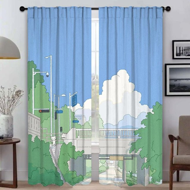 Set aus 2 semi-transparenten Tüll-Vorhängen mit Kaninchen- und Gras-Motiv in Blau für Wohnzimmer und Schlafzimmer, Breite: 50 cm, Höhe: 70 cm - Bild 1