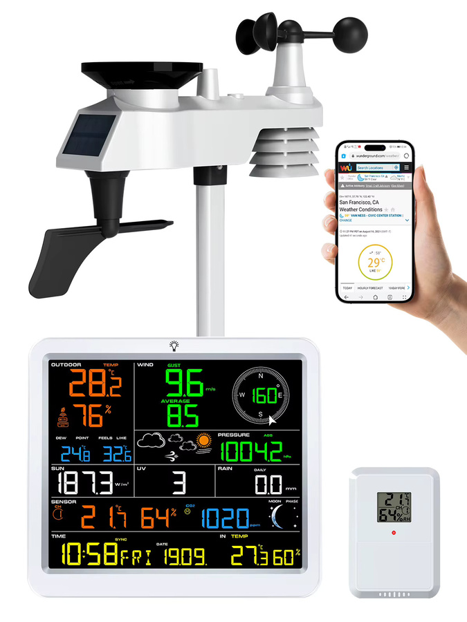 Urageuxy Drahtlose WiFi-Wetterstation in Weiß mit Innen- und Außenthermometer, Solarstrom, App-Warnungen und Überwachung von Temperatur, Luftfeuchtigkeit sowie CO2 mit 100 m Reichweite - Bild 7