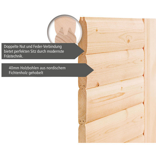 Karibu Sauna Riga 1 aus Fichte mit 9 kW Saunaofen und externer Steuerung für 3 Personen, beige, B/T/H: 184 x 209 x 193 cm - Bild 2