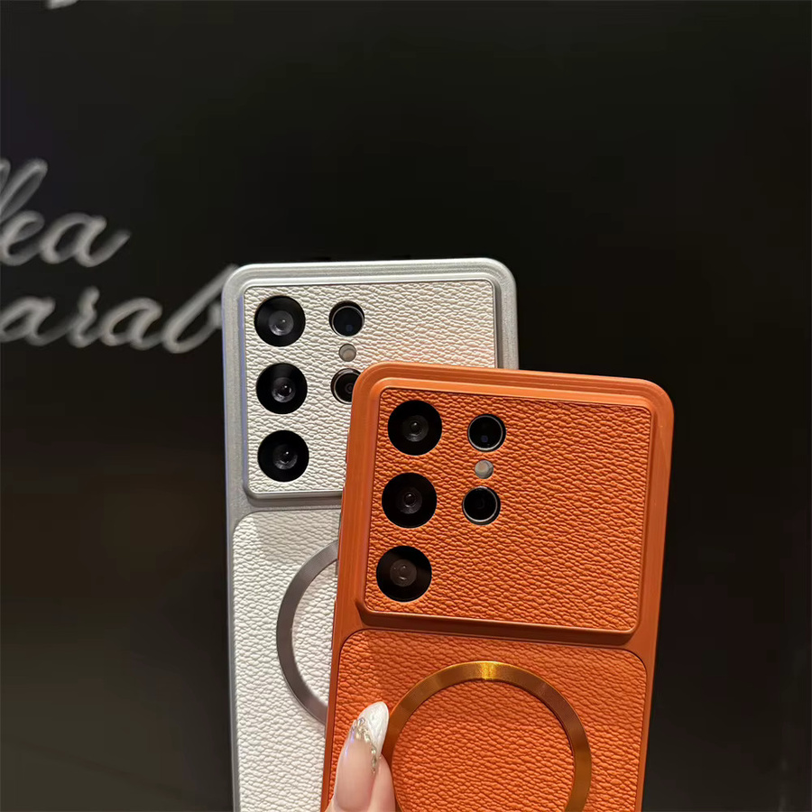 Leder-Handyhülle mit Litschi-Muster und Magnetverschluss für Samsung S25 S26 Ultra S24 Plus FE in Orange, kompatibel mit MagSafe kabellosem Laden, matte Oberfläche von lolozzx - Bild 1