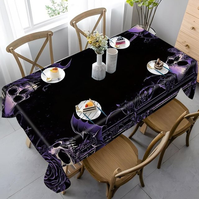 Wasserdichte rechteckige Tischdecke mit Totenkopf-Motiv von Beau Maison in Schwarz für Halloween, B/T: 140 x 140 cm - Bild 1