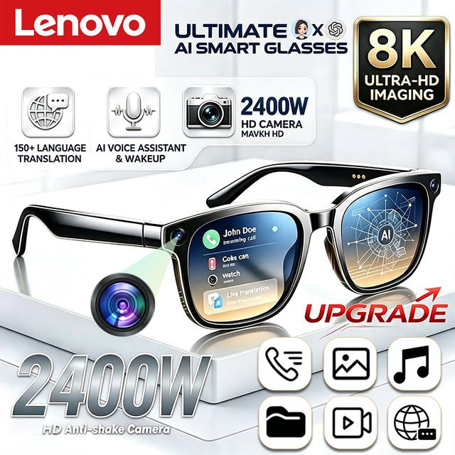 Lenovo Smart AI-Brille mit 8K HD Aufnahmekamera, Bluetooth für Sprachanrufe und Übersetzung, Schwarz - Bild 1