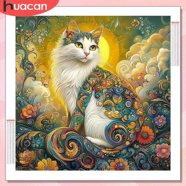 HUACAN Diamant-Mosaik Set mit floralem Katzenmotiv in Multicolour, dekoratives Wandbild mit runden Bohrern, B/H: 20 x 20 cm - Bild 1
