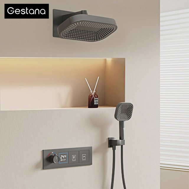 Gestana Wandmontiertes Duschsystem aus Messing mit LED-Digitalanzeige und Thermostat in Chrom - Bild 1
