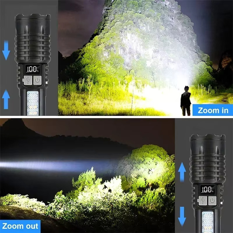 Wiederaufladbare LED-Taschenlampe in Schwarz mit Seitenlicht und Zoomfunktion, wasserdicht mit 5 Modi für Camping und Angeln - Bild 3