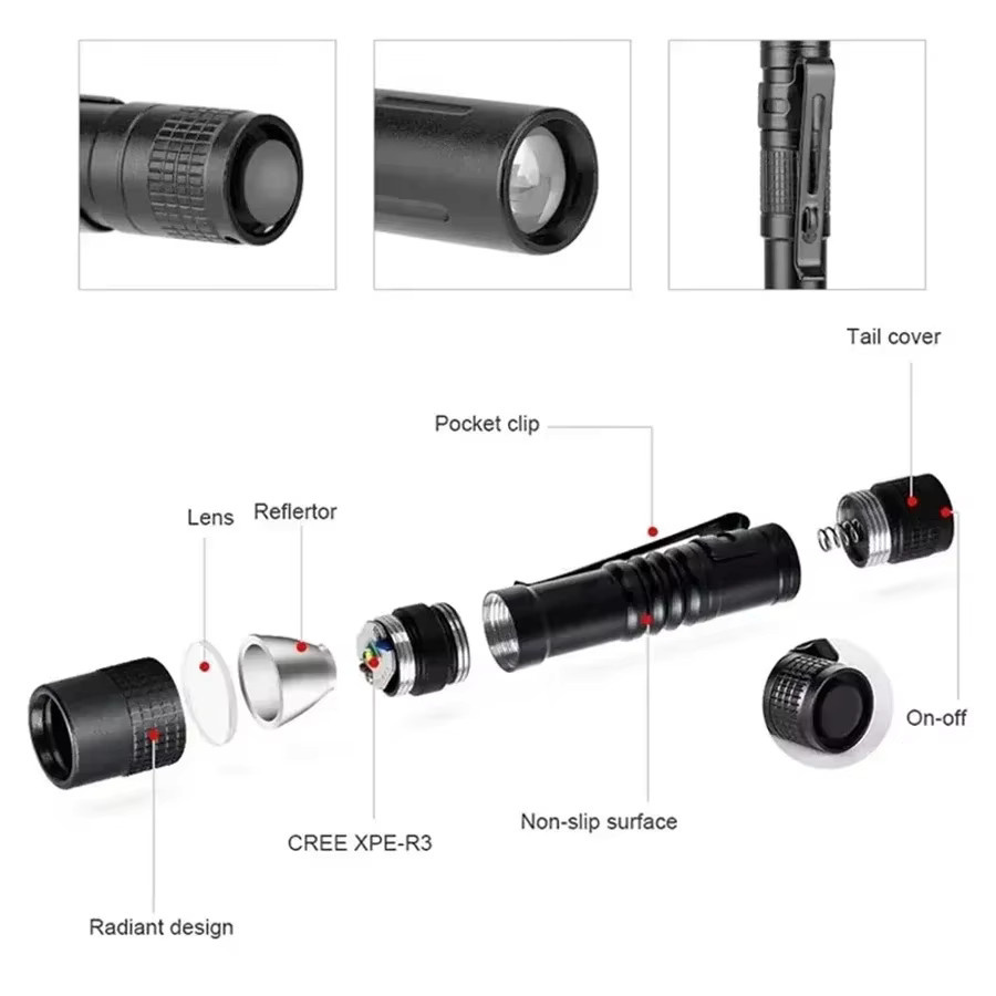 Heinast Mini-LED-Taschenlampe Stiftleuchte aus Aluminiumlegierung mit Clip, 300 Lumen - Bild 2