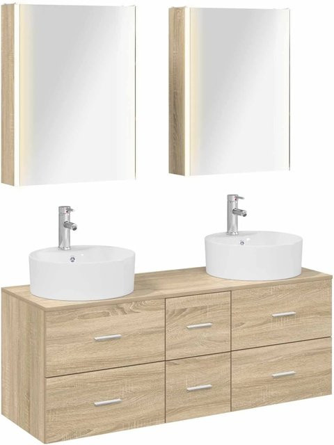 vidaXL Badezimmermöbel-Set 5-teilig in Sonoma-Eiche mit Waschtischunterschrank, Spiegelschrank und LED-Beleuchtung, Braun - Bild 1