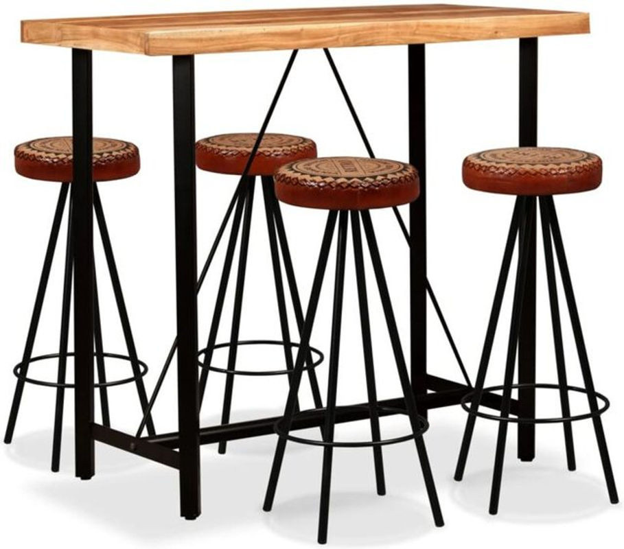vidaxl Bar-Set 5-teilig aus Akazie Massivholz mit Echtleder und Canvas in Braun und Schwarz im Industrial Design - Bild 1