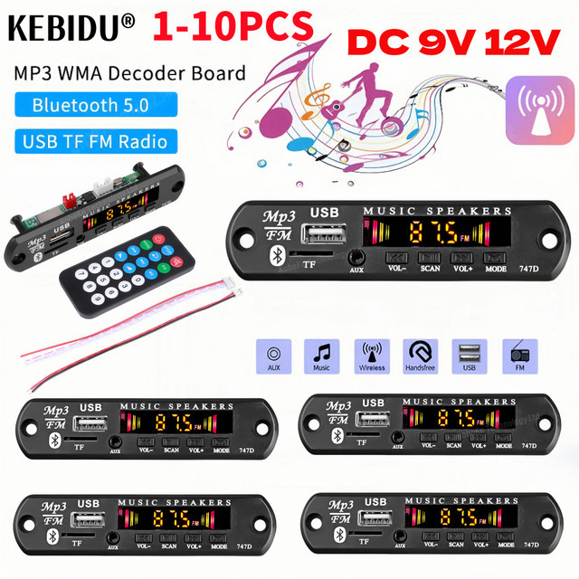 Kebidu Bluetooth 5.3 Car Kit Drahtloser MP3 Decoder Audio Modul für 12V mit USB, AUX, TF und Radio in Schwarz - Bild 1