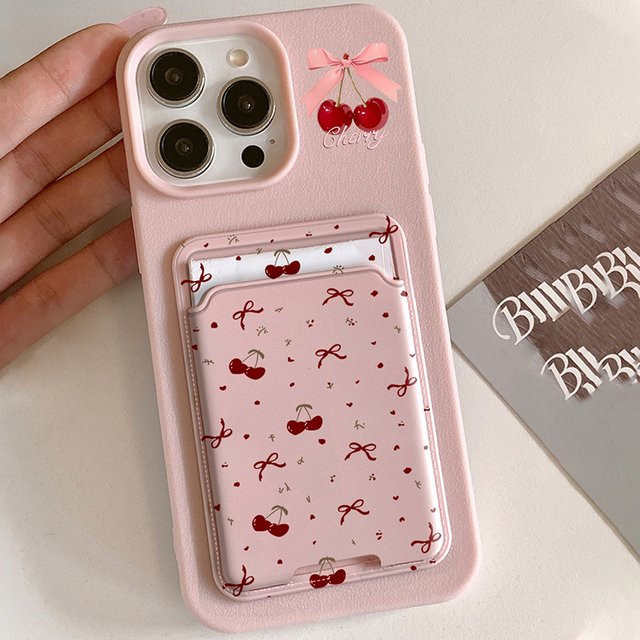 Stoßfeste Silikon-Handyhülle mit Kartensteckplatz und rotem Kirschmuster für Apple iPhone 17 bis 11 Pro Max Plus X XS - Bild 1