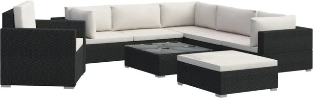 vidaXL 8-tlg. Garten-Lounge-Set in L-Form aus Poly-Rattan mit Auflagen und pulverbeschichtetem Stahlrahmen, Schwarz - Bild 1