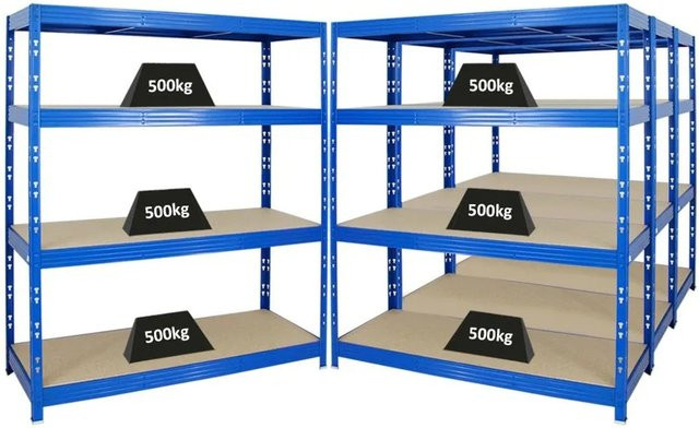 PROREGAL Rhino Profi Schwerlastregal Set 4er Pack, Blau, H x B x T: 180 x 160 x 60 cm, 4 verstellbare Ebenen mit MDF-Holzplatten, Fachlast 500 kg - Bild 1