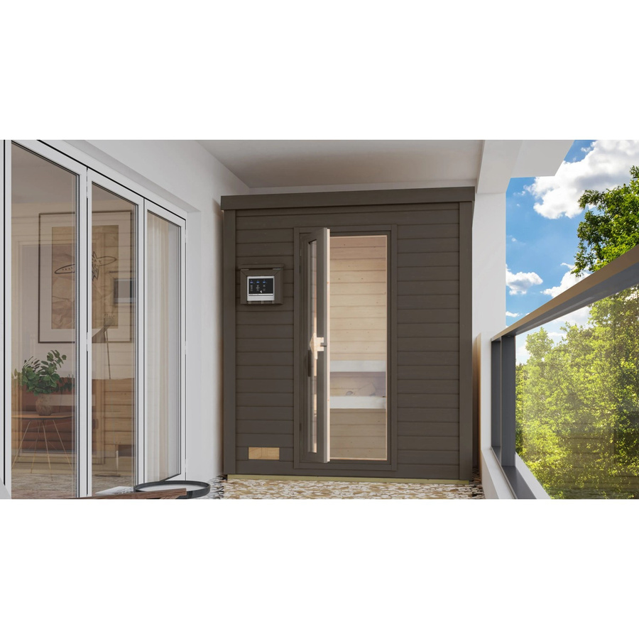 Karibu Saunahaus Arvi 0 in Terragrau mit 9 kW Ofen, Iso-Tür und Bio Ext. Steuerung aus Massivholz - Bild 2
