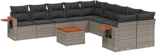 vidaXL 11-tlg. Garten-Sofagarnitur in L-Form aus Polyrattan mit Kissen und Couchtisch, Grau - Bild 1