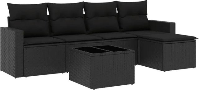 vidaXL 6-teilige Garten-Sofagarnitur in L-Form mit Kissen, Schwarz, Poly-Rattan und pulverbeschichtetem Stahl - Bild 1