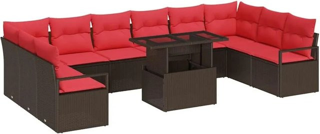 vidaXL Garten-Sofa-Set aus Poly-Rattan in U-Form mit 11-teiligem Zubehör, Farbe Braun und Rot - Bild 1
