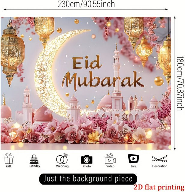 Vikama Eid Mubarak Wandbehang mit Mond, Sternen und Blumenmuster in Rosa und Gold - Bild 1
