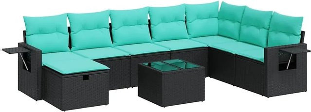 vidaXL 9-tlg. Garten-Sofagarnitur in L-Form aus schwarzem Poly-Rattan mit Kissen und pulverbeschichtetem Stahlgestell - Bild 1