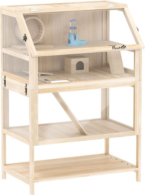 PawHut Hamsterkäfig aus Tannenholz in Braun mit 3 Etagen, Nagerkäfig für Kleintiere inklusive Laufrad, Wippe, Rampe, Hütte und Wasserflasche, B/T/H: 80 x 53 x 117 cm - Bild 1
