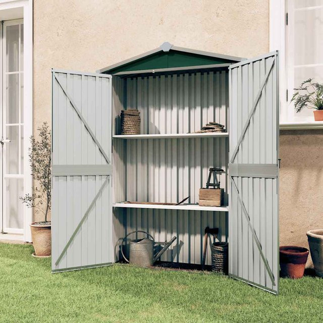 Vidaxl Gartenschuppen aus verzinktem Stahl in Grün mit schrägem Dach, zweiflügeliger Vordertür und Lüftungsöffnungen, B/T/H: 116 x 45 x 175 cm - Bild 1