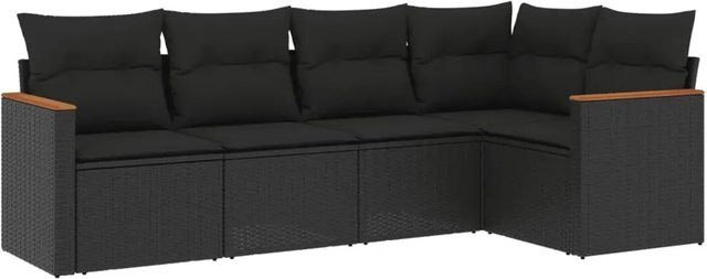 vidaXL 5-tlg. Garten-Sofagarnitur in L-Form aus schwarzem PE-Rattan mit Kissen und pulverbeschichtetem Stahlgestell - Bild 1