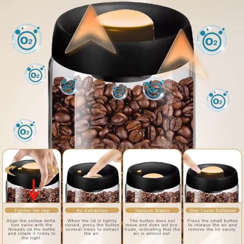 HOCOSHINE Vakuum-Kaffeekanister aus Borosilikatglas, luftdichtes Aufbewahrungsset für Kaffee, Tee oder Zucker, transparent - Bild 4