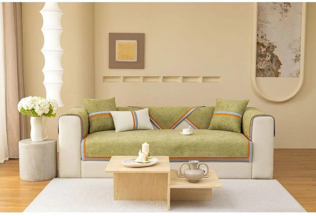 Rutschfester Chenille-Sofabezug in Grün für dein Wohnzimmer, quadratisches Kissen, B/T/H: 70 x 70 x 70 cm - Bild 1