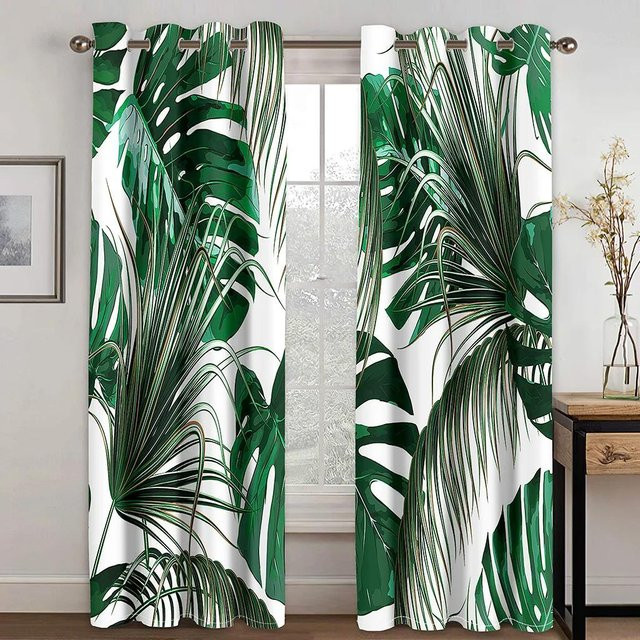 Yiran Furniture Luxusvorhänge mit tropischem Blättermuster in Grün, semi-transparent, B: 55 cm, H: 120 cm, 2er-Set mit Ösen - Bild 1