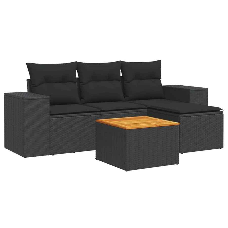 vidaXL 5-tlg Garten-Sofagarnitur aus Poly-Rattan und Akazienholz in Schwarz mit Kissen Modell 84 - Bild 2