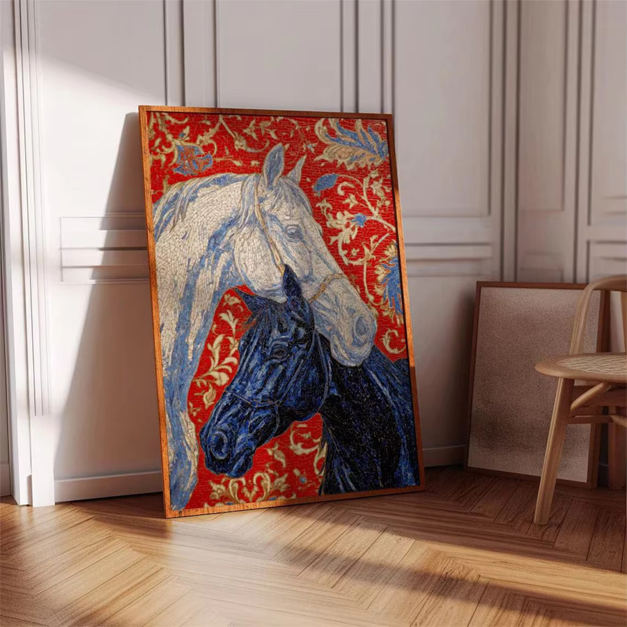 SHENCHEN Mosaik-Wandkunst Reitsport Pferde Leinwanddruck in Rot und Gold - Bild 3