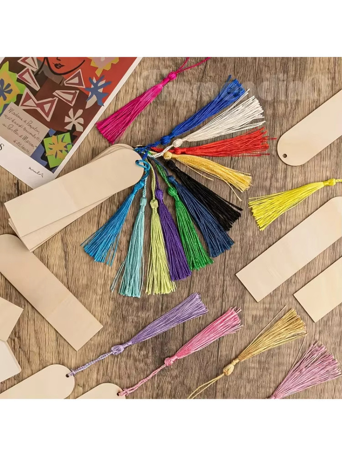 20-teiliges DIY-Lesezeichen-Set aus Holz zum Basteln mit lasergeschnittenen Haken, quadratischen Anhängern und 12 Quasten in Multicolour - Bild 2