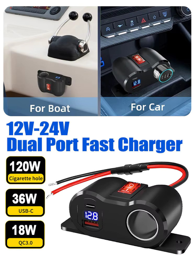 Autotelefon-Ladegerät-Adapter mit PD QC3.0-Buchse und Voltmeter-Ein/Aus-Schalter, 120 W Schnellladung für 12/24 V, Schwarz - Bild 7