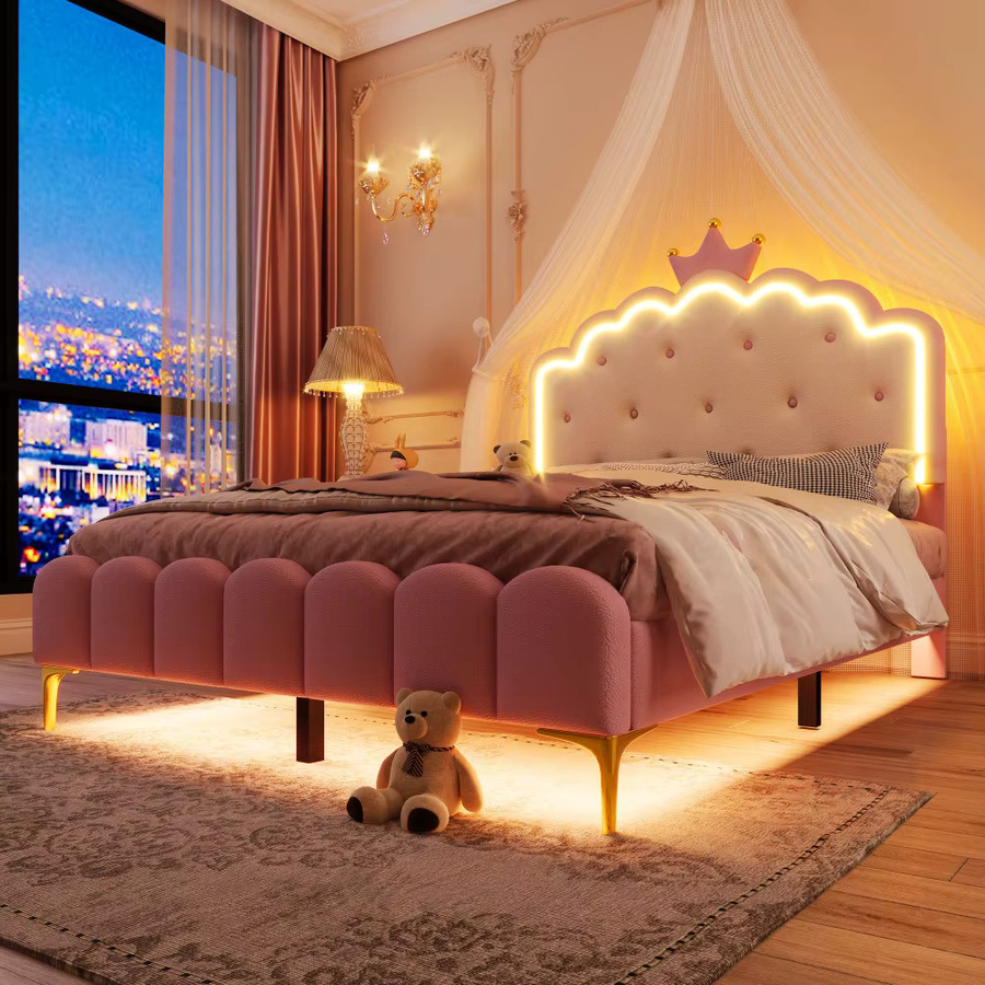 Glamouröses Polsterbett im Prinzessinnen-Stil aus Kunstleder mit LED-Unterbettbeleuchtung in Pink, B/T: 140 x 200 cm - Bild 3