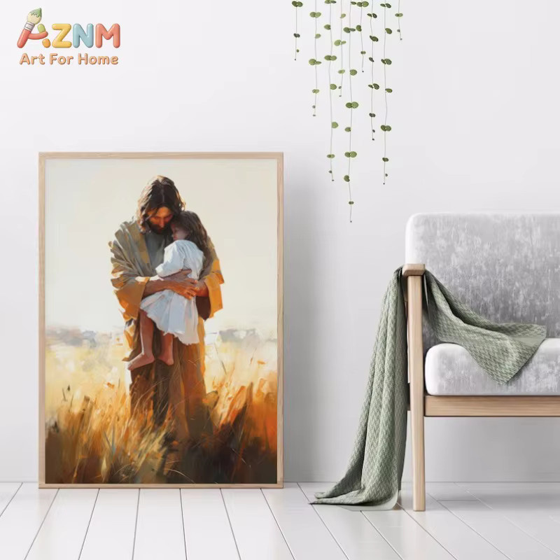 AZNM Jesus mit Kind Aquarell Wandkunst als Rahmenlose Leinwand in Multicolour für deine christliche Heimdekoration - Bild 2