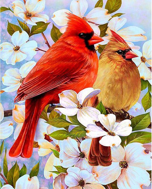 FIYO Diamantstickerei Set Gardenie und Roter Vogel mit Vollrunden Diamanten in Rot, Breite: 30 cm, Höhe: 20 cm - Bild 1