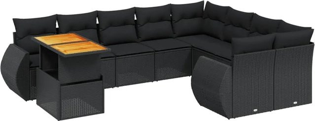 vidaXL 10-teilige Garten-Sofagarnitur in L-Form aus Polyrattan und Akazienholz mit Kissen in Schwarz - Bild 1