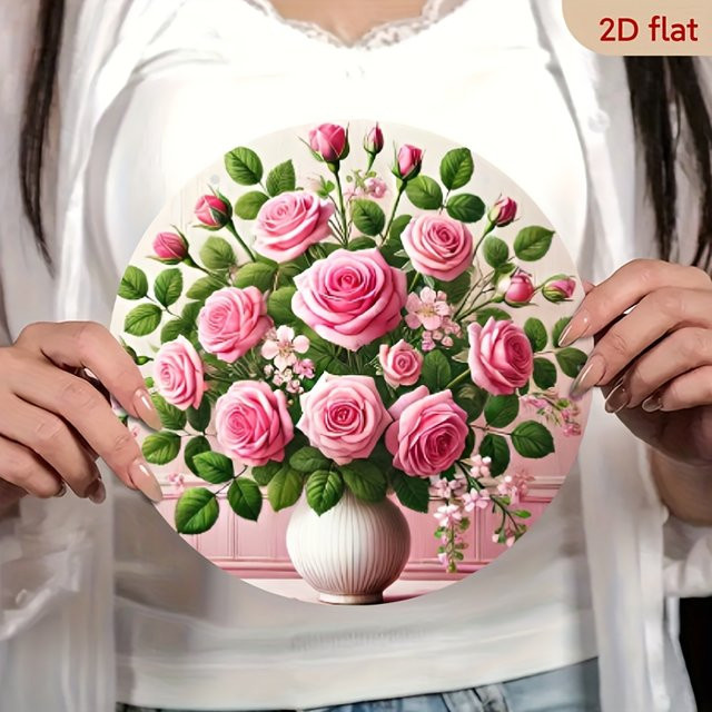 Potdemiel Elegante florale Metall-Wanddekoration in Form eines runden rosa Rosenstraußes, Farbe: Rosa und Grün, Durchmesser: 20,32 cm - Bild 1