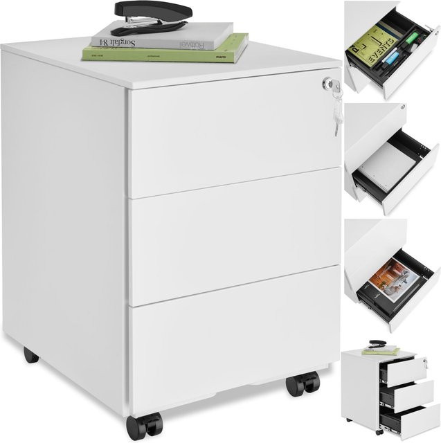 tectake Aktenrollschrank Magna aus pulverbeschichtetem Stahl mit 3 Schubladen in Weiß, B/T/H: 39 x 45 x 55 cm - Bild 1